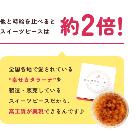 全他国各地で愛されている幸せカタラーナを販売・製造しているスイーツピースだから高工賃が実現できるんです。
